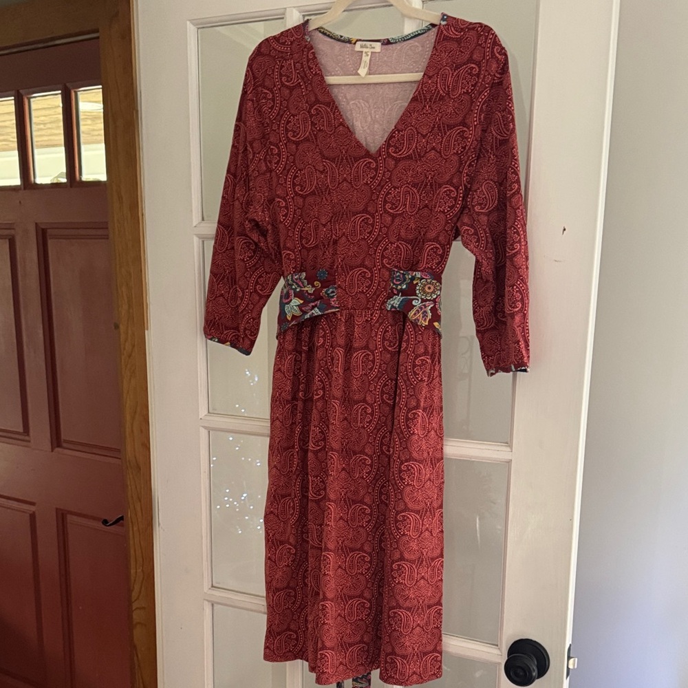 Matilda Jane Red Paisley Long Sleeve Dress with Floral Waist Accents